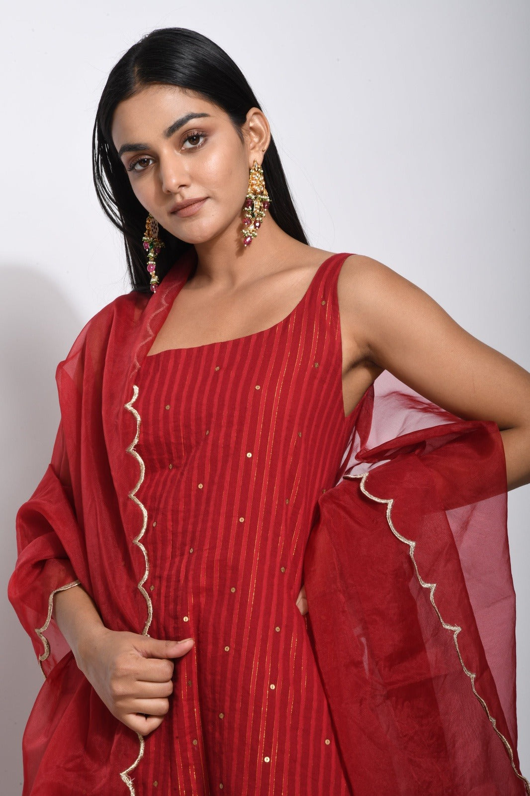 Red Cotton Kurta Skirt Set With Dupatta by Taro with Bahaar by Taro, Evening Wear, Handwoven cotton, Indian Wear, Indo-Western, July Sale, July Sale 2023, Lehenga Sets, Natural, Organza, Red, Regular Fit, Textured, Wedding Gifts, Womenswear at Kamakhyaa for sustainable fashion