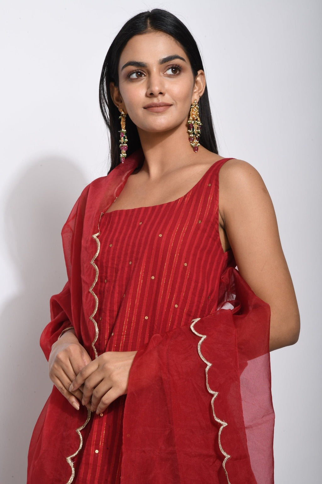 Red Cotton Kurta Skirt Set With Dupatta by Taro with Bahaar by Taro, Evening Wear, Handwoven cotton, Indian Wear, Indo-Western, July Sale, July Sale 2023, Lehenga Sets, Natural, Organza, Red, Regular Fit, Textured, Wedding Gifts, Womenswear at Kamakhyaa for sustainable fashion