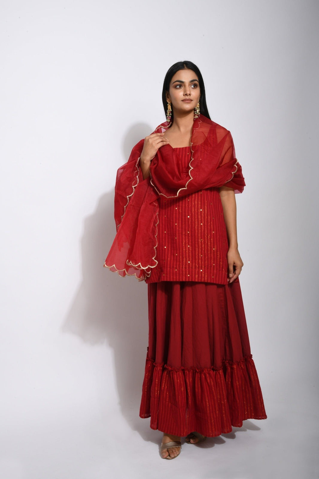 Red Cotton Kurta Skirt Set With Dupatta by Taro with Bahaar by Taro, Evening Wear, Handwoven cotton, Indian Wear, Indo-Western, July Sale, July Sale 2023, Lehenga Sets, Natural, Organza, Red, Regular Fit, Textured, Wedding Gifts, Womenswear at Kamakhyaa for sustainable fashion