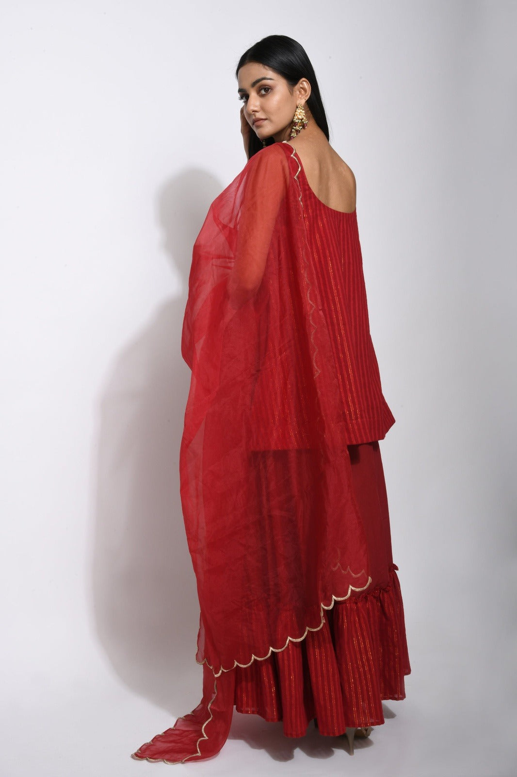 Red Cotton Kurta Skirt Set With Dupatta by Taro with Bahaar by Taro, Evening Wear, Handwoven cotton, Indian Wear, Indo-Western, July Sale, July Sale 2023, Lehenga Sets, Natural, Organza, Red, Regular Fit, Textured, Wedding Gifts, Womenswear at Kamakhyaa for sustainable fashion
