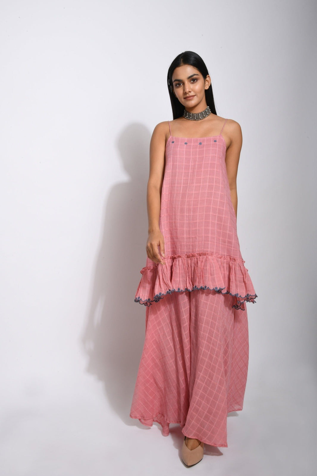 Pink Cotton Kurta Set With Dupatta by Taro with Bahaar by Taro, Checks, Evening Wear, Handwoven cotton, Indian Wear, July Sale, July Sale 2023, Kurta Palazzo Sets, Kurta Set With Dupatta, Natural, Pink, Regular Fit, Womenswear at Kamakhyaa for sustainable fashion