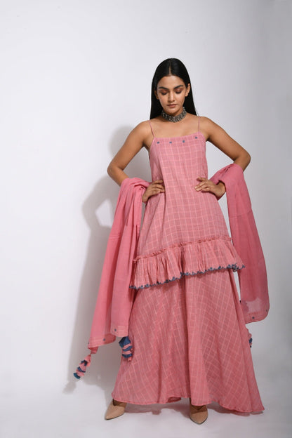 Pink Cotton Kurta Set With Dupatta by Taro with Bahaar by Taro, Checks, Evening Wear, Handwoven cotton, Indian Wear, July Sale, July Sale 2023, Kurta Palazzo Sets, Kurta Set With Dupatta, Natural, Pink, Regular Fit, Womenswear at Kamakhyaa for sustainable fashion