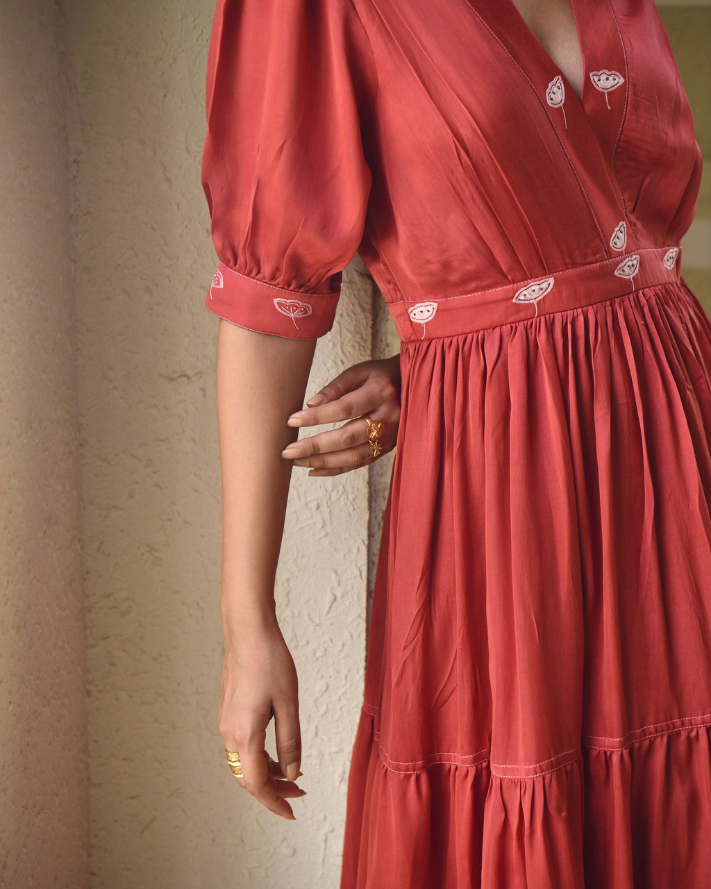 Red Embroidered Satin Tiered Dress by Taro with Dusk To Dawn by Taro, Embroidered, Evening Wear, July Sale, July Sale 2023, Modal Satin, Natural, Pink, Regular Fit, Silk, Tiered Dresses, Womenswear at Kamakhyaa for sustainable fashion