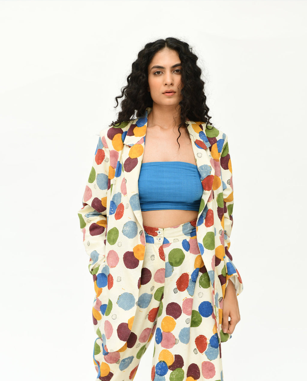 Multicolor Polka Dot Co-ord Set by Rias Jaipur with 100% Organic Cotton, Casual Wear, Co-Ord Sets, Handblock Printed, Handspun, Handwoven, Off-White, Polka Dots, Prints, Relaxed Fit, Travel, Travel Co-ords, Void, Void by Rias Jaipur, Void Polka, Womenswear at Kamakhyaa for sustainable fashion