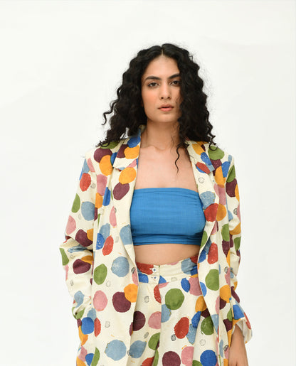 Handblock Printed Oversized Blazer at Kamakhyaa by Rias Jaipur. This item is 100% Organic Cotton, Best Selling, Casual Wear, Handblock Printed, Handspun, Handwoven, Off-White, Polka Dots, Prints, Relaxed Fit, Shrugs, Void, Void Polka, Womenswear