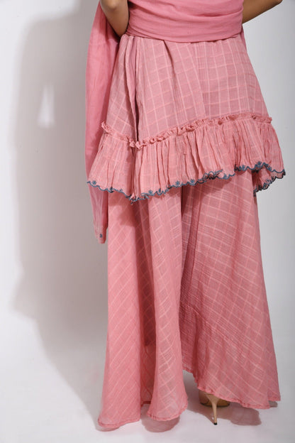 Pink Cotton Kurta Set With Dupatta by Taro with Bahaar by Taro, Checks, Evening Wear, Handwoven cotton, Indian Wear, July Sale, July Sale 2023, Kurta Palazzo Sets, Kurta Set With Dupatta, Natural, Pink, Regular Fit, Womenswear at Kamakhyaa for sustainable fashion