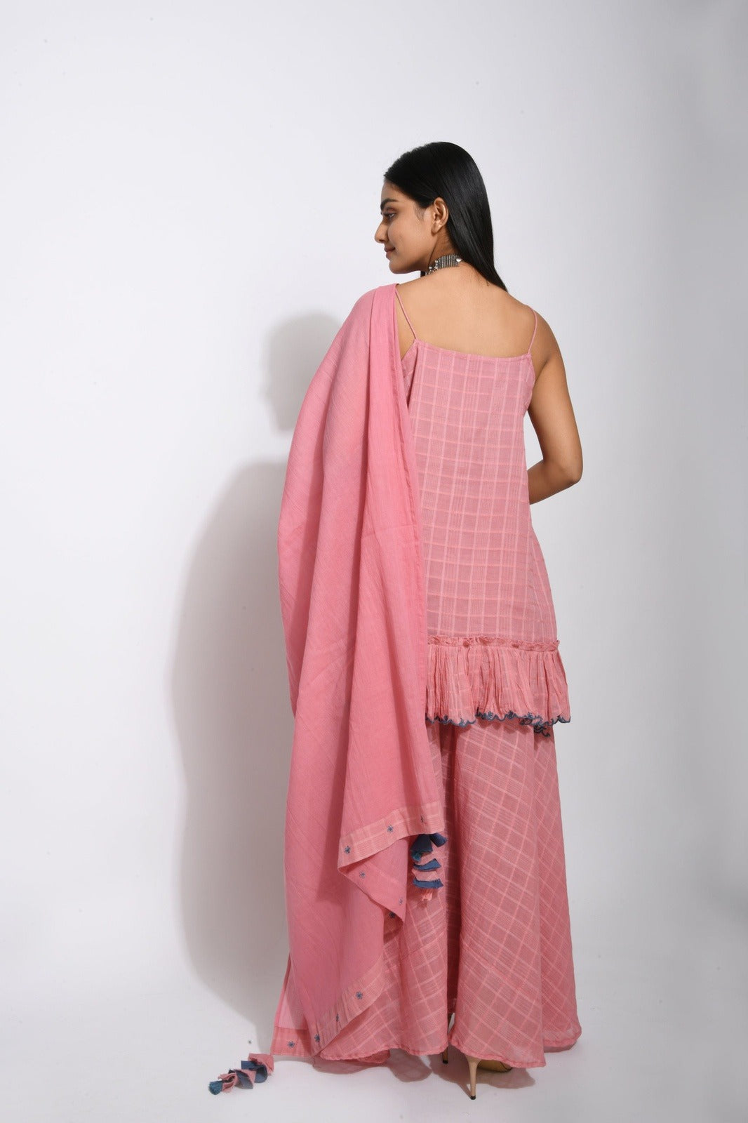 Pink Cotton Kurta Set With Dupatta by Taro with Bahaar by Taro, Checks, Evening Wear, Handwoven cotton, Indian Wear, July Sale, July Sale 2023, Kurta Palazzo Sets, Kurta Set With Dupatta, Natural, Pink, Regular Fit, Womenswear at Kamakhyaa for sustainable fashion