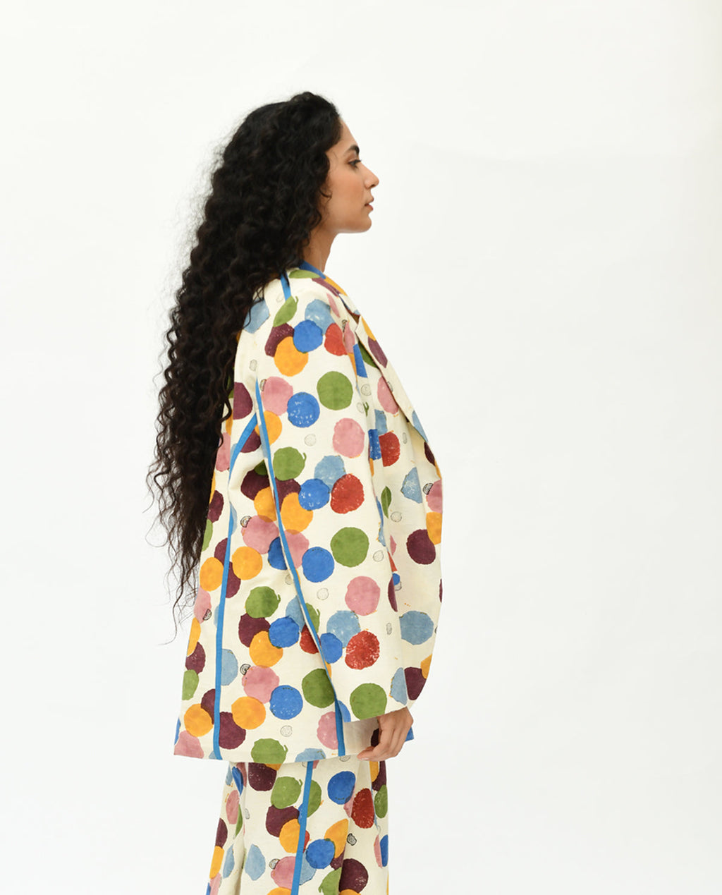 Handblock Printed Oversized Blazer by Rias Jaipur with 100% Organic Cotton, Best Selling, Casual Wear, Handblock Printed, Handspun, Handwoven, Off-White, Polka Dots, Prints, Relaxed Fit, Shrugs, Void, Void by Rias Jaipur, Void Polka, Womenswear at Kamakhyaa for sustainable fashion
