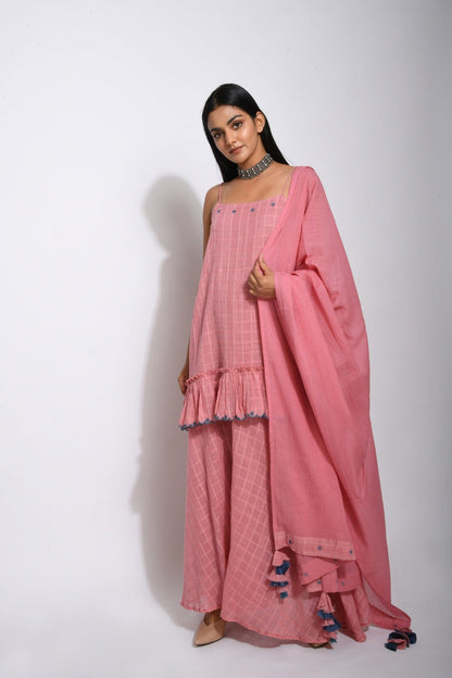 Pink Cotton Kurta Set With Dupatta by Taro with Bahaar by Taro, Checks, Evening Wear, Handwoven cotton, Indian Wear, July Sale, July Sale 2023, Kurta Palazzo Sets, Kurta Set With Dupatta, Natural, Pink, Regular Fit, Womenswear at Kamakhyaa for sustainable fashion