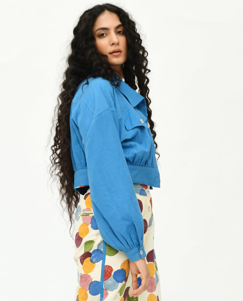 Blue Solid Cropped Jacket by Rias Jaipur with 100% Organic Cotton, Casual Wear, Handblock Printed, Handspun, Handwoven, Jackets, Prints, Relaxed Fit, Void, Void by Rias Jaipur, Womenswear at Kamakhyaa for sustainable fashion