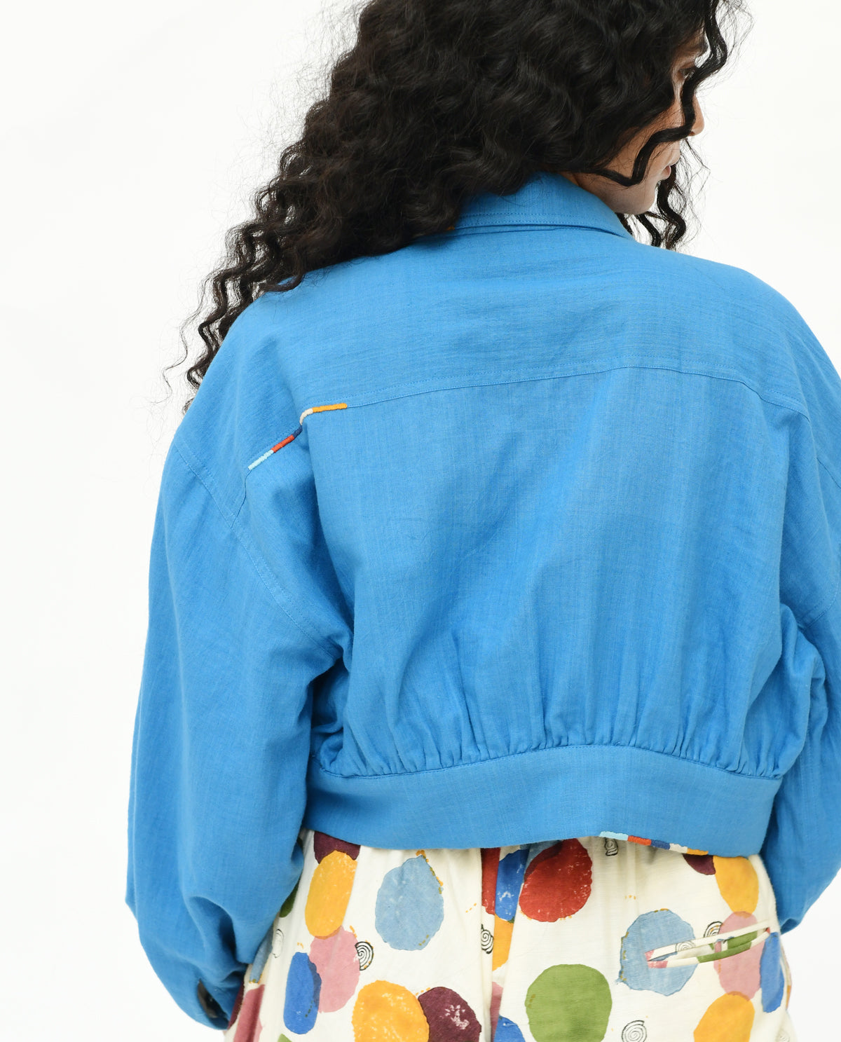 Blue Solid Cropped Jacket by Rias Jaipur with 100% Organic Cotton, Casual Wear, Handblock Printed, Handspun, Handwoven, Jackets, Prints, Relaxed Fit, Void, Void by Rias Jaipur, Womenswear at Kamakhyaa for sustainable fashion