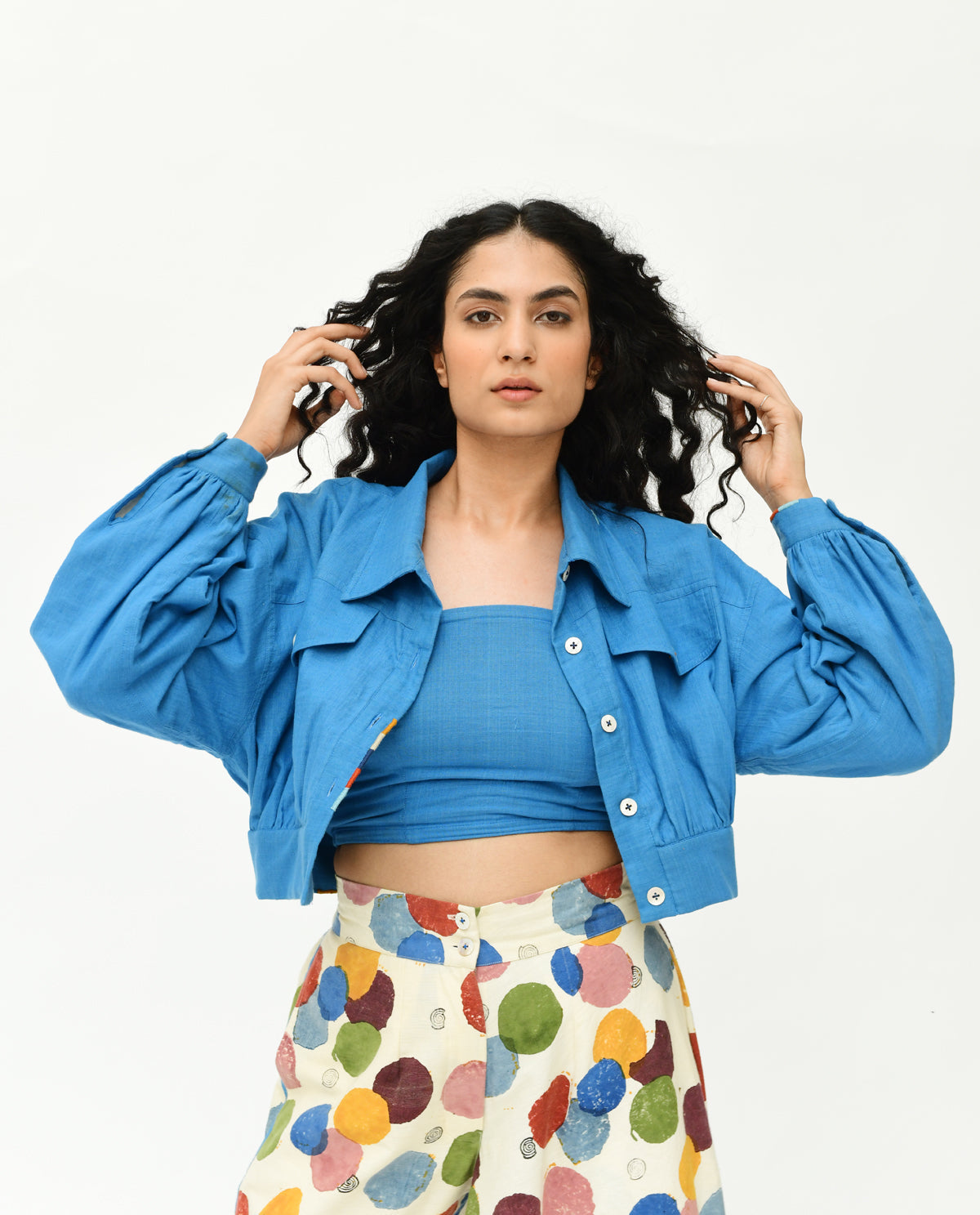 Blue Solid Cropped Jacket by Rias Jaipur with 100% Organic Cotton, Casual Wear, Handblock Printed, Handspun, Handwoven, Jackets, Prints, Relaxed Fit, Void, Void by Rias Jaipur, Womenswear at Kamakhyaa for sustainable fashion