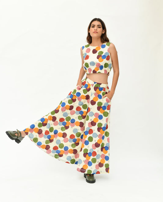 Handloom Printed Polka Dot Co-ord Set by Rias Jaipur with 100% Organic Cotton, Casual Wear, Co-Ord Sets, Handblock Printed, Handspun, Handwoven, Off-White, Polka Dots, Prints, Relaxed Fit, Travel, Travel Co-ords, Void, Void by Rias Jaipur, Void Polka, Womenswear at Kamakhyaa for sustainable fashion