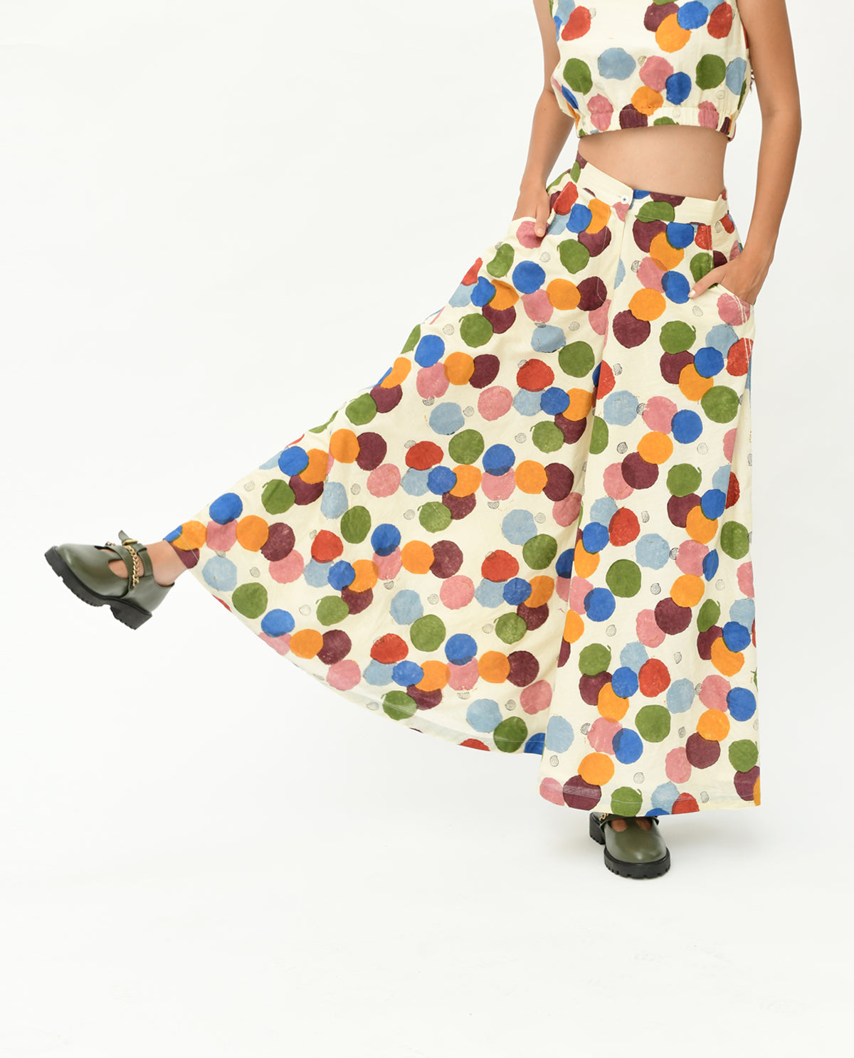 Handblock Printed Polka Dot Pant by Rias Jaipur with 100% Organic Cotton, Casual Wear, Handblock Printed, Handspun, Handwoven, Off-White, Palazzo Pants, Polka Dots, Prints, Relaxed Fit, Void, Void by Rias Jaipur, Void Polka, Womenswear at Kamakhyaa for sustainable fashion