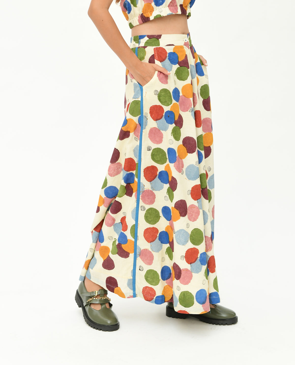 Handblock Printed Polka Dot Pant by Rias Jaipur with 100% Organic Cotton, Casual Wear, Handblock Printed, Handspun, Handwoven, Off-White, Palazzo Pants, Polka Dots, Prints, Relaxed Fit, Void, Void by Rias Jaipur, Void Polka, Womenswear at Kamakhyaa for sustainable fashion