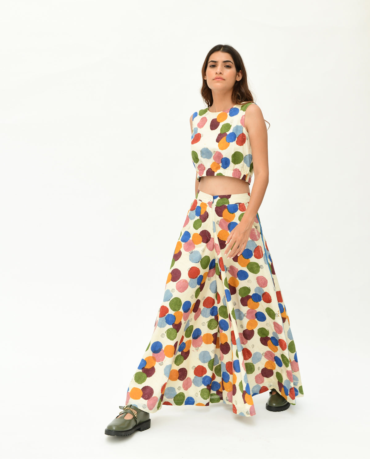 Handloom Printed Polka Dot Co-ord Set by Rias Jaipur with 100% Organic Cotton, Casual Wear, Co-Ord Sets, Handblock Printed, Handspun, Handwoven, Off-White, Polka Dots, Prints, Relaxed Fit, Travel, Travel Co-ords, Void, Void by Rias Jaipur, Void Polka, Womenswear at Kamakhyaa for sustainable fashion