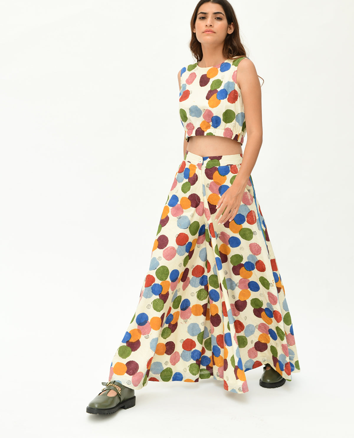 Handblock Printed Polka Dot Pant by Rias Jaipur with 100% Organic Cotton, Casual Wear, Handblock Printed, Handspun, Handwoven, Off-White, Palazzo Pants, Polka Dots, Prints, Relaxed Fit, Void, Void by Rias Jaipur, Void Polka, Womenswear at Kamakhyaa for sustainable fashion