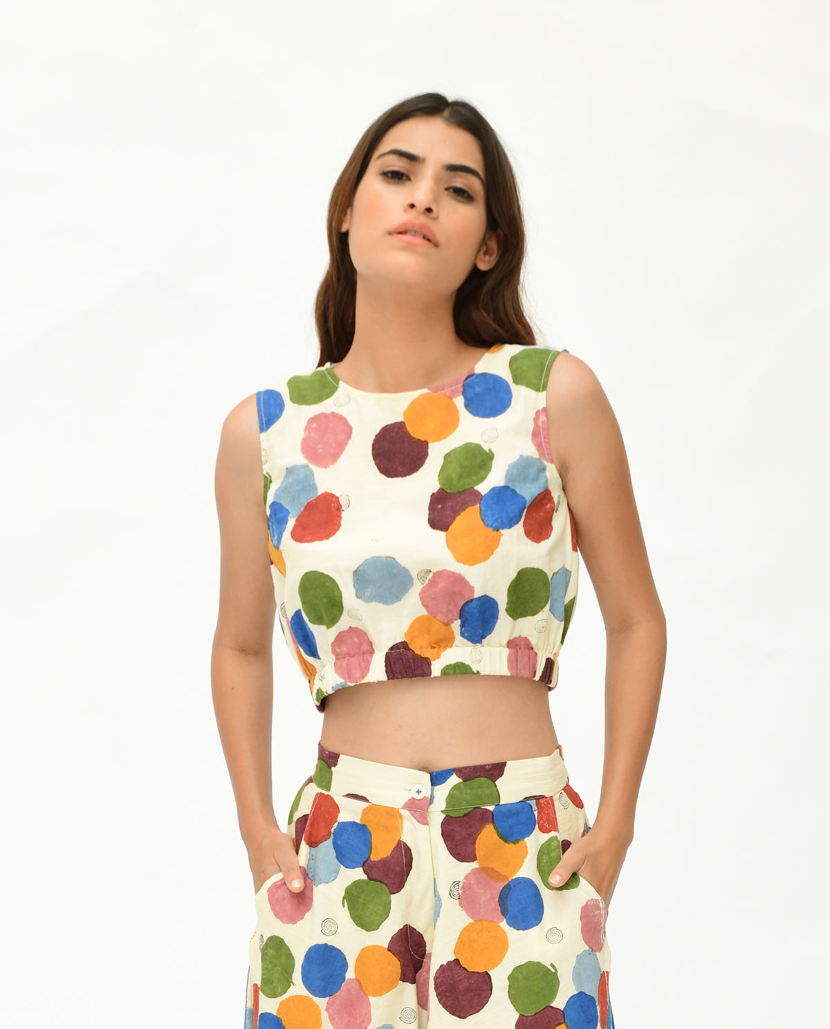 Printed Polka Dot Crop Top by Rias Jaipur with 100% Organic Cotton, Best Selling, Casual Wear, Crop Tops, Handblock Printed, Handspun, Handwoven, Off-White, Polka Dots, Prints, Relaxed Fit, Void, Void by Rias Jaipur, Void Polka, Womenswear at Kamakhyaa for sustainable fashion