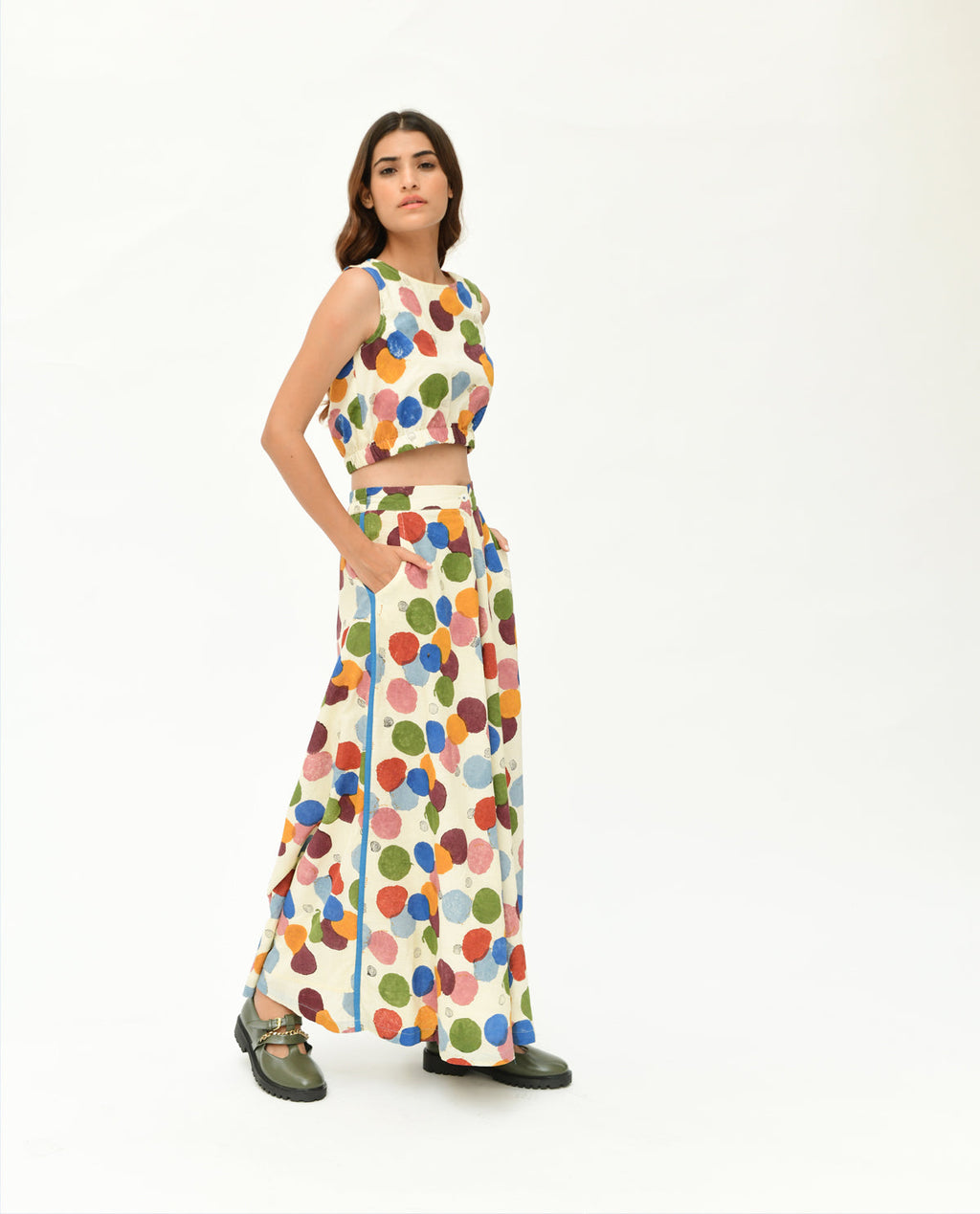 Handloom Printed Polka Dot Co-ord Set by Rias Jaipur with 100% Organic Cotton, Casual Wear, Co-Ord Sets, Handblock Printed, Handspun, Handwoven, Off-White, Polka Dots, Prints, Relaxed Fit, Travel, Travel Co-ords, Void, Void by Rias Jaipur, Void Polka, Womenswear at Kamakhyaa for sustainable fashion