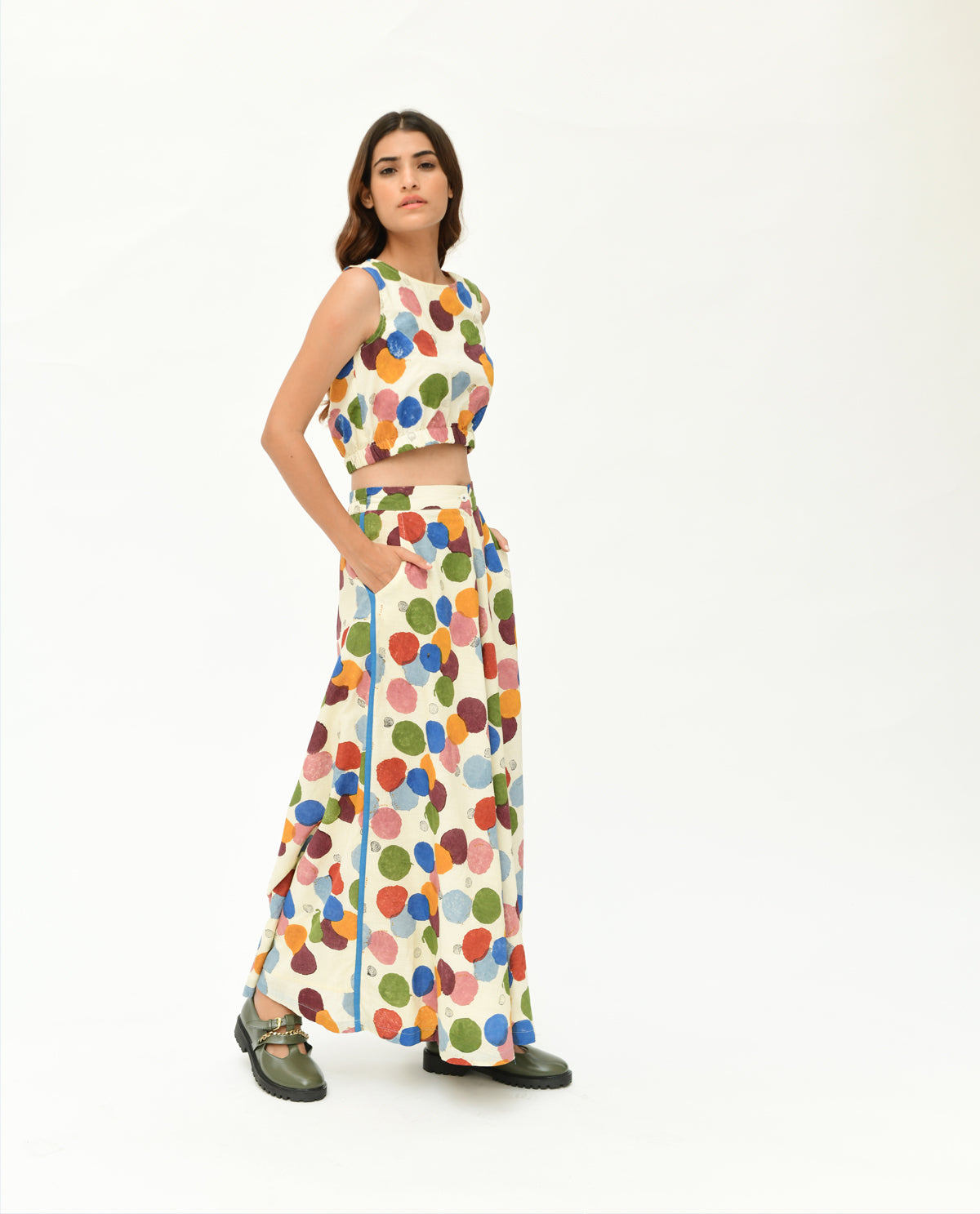 Handloom Printed Polka Dot Co-ord Set by Rias Jaipur with 100% Organic Cotton, Casual Wear, Co-Ord Sets, Handblock Printed, Handspun, Handwoven, Off-White, Polka Dots, Prints, Relaxed Fit, Travel, Travel Co-ords, Void, Void by Rias Jaipur, Void Polka, Womenswear at Kamakhyaa for sustainable fashion