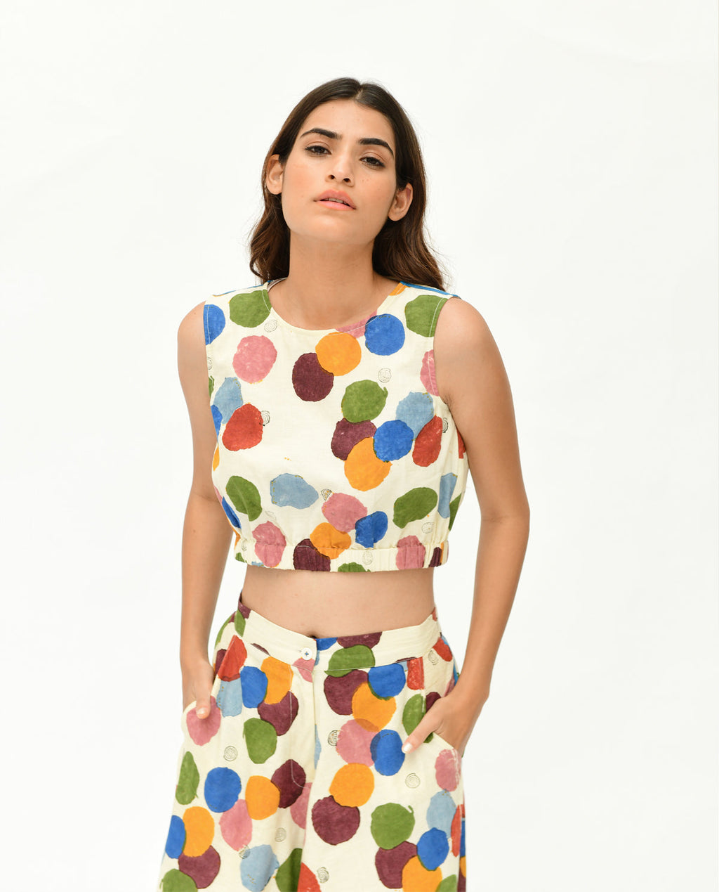 Handloom Printed Polka Dot Co-ord Set by Rias Jaipur with 100% Organic Cotton, Casual Wear, Co-Ord Sets, Handblock Printed, Handspun, Handwoven, Off-White, Polka Dots, Prints, Relaxed Fit, Travel, Travel Co-ords, Void, Void by Rias Jaipur, Void Polka, Womenswear at Kamakhyaa for sustainable fashion