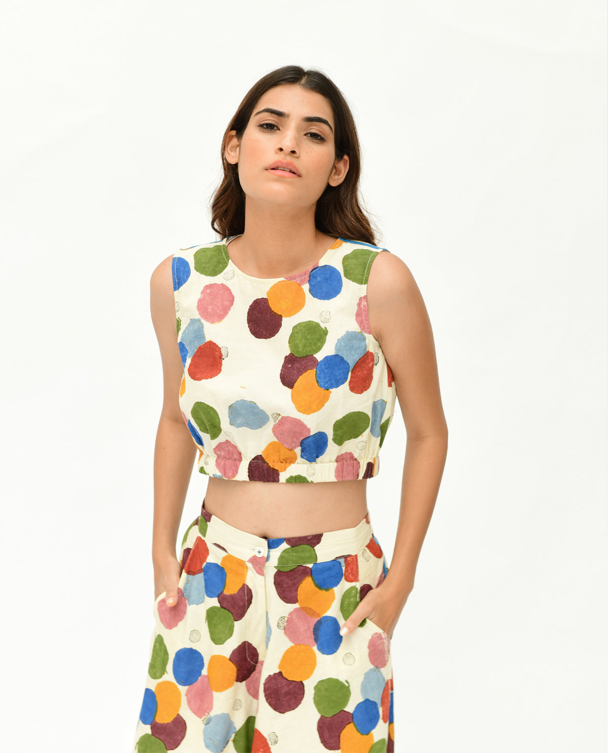 Handloom Printed Polka Dot Co-ord Set by Rias Jaipur with 100% Organic Cotton, Casual Wear, Co-Ord Sets, Handblock Printed, Handspun, Handwoven, Off-White, Polka Dots, Prints, Relaxed Fit, Travel, Travel Co-ords, Void, Void by Rias Jaipur, Void Polka, Womenswear at Kamakhyaa for sustainable fashion