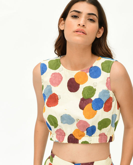 Printed Polka Dot Crop Top by Rias Jaipur with 100% Organic Cotton, Best Selling, Casual Wear, Crop Tops, Handblock Printed, Handspun, Handwoven, Off-White, Polka Dots, Prints, Relaxed Fit, Void, Void by Rias Jaipur, Void Polka, Womenswear at Kamakhyaa for sustainable fashion