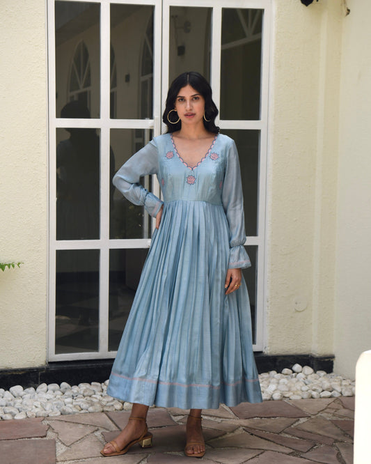 Blue Silk Maxi Dress by Taro with Blue, Dusk To Dawn by Taro, Embroidered, Evening Wear, July Sale, July Sale 2023, Maxi Dresses, Modal silk, Natural, Regular Fit, Silk, Womenswear at Kamakhyaa for sustainable fashion