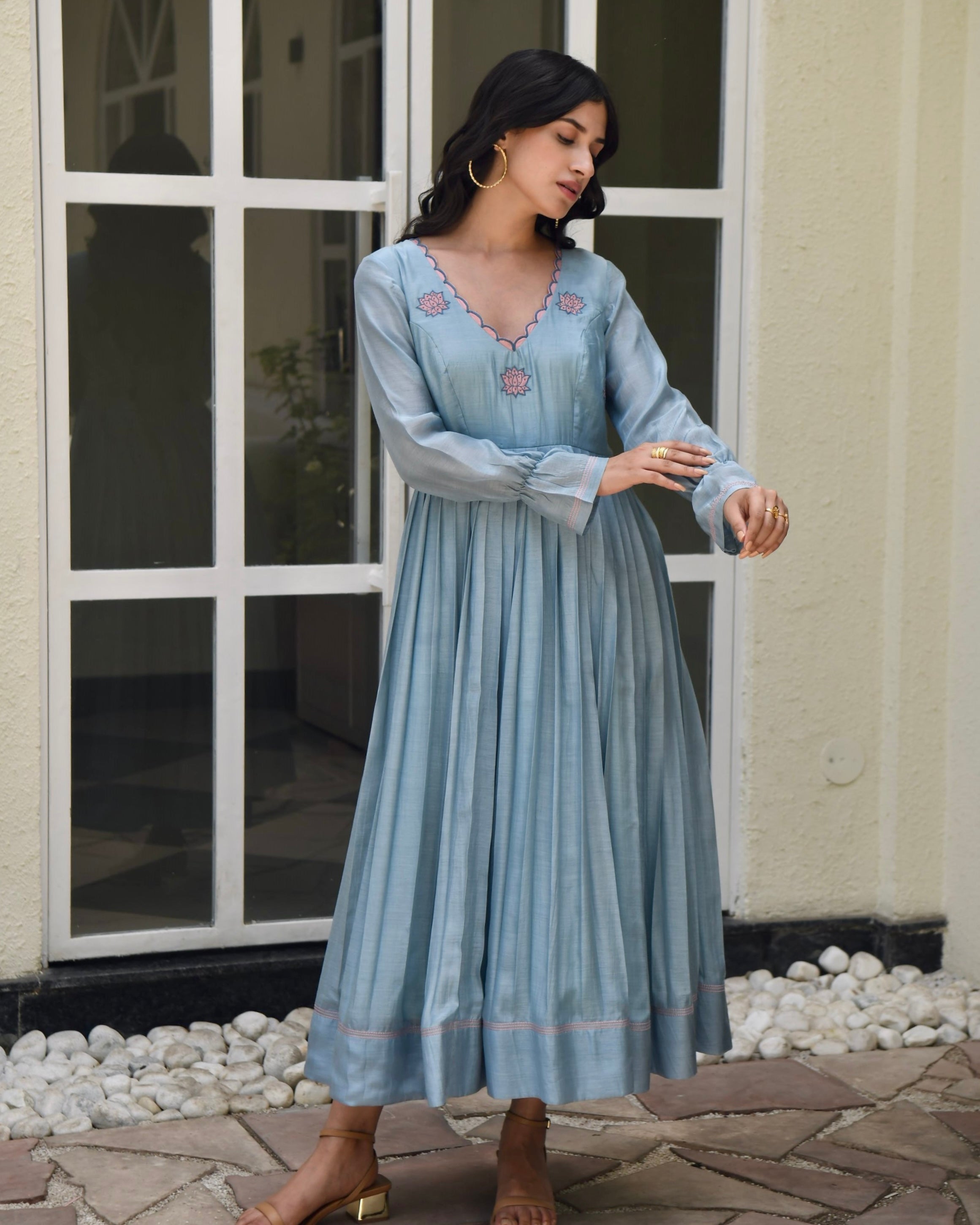 Blue Silk Maxi Dress by Taro with Blue, Dusk To Dawn by Taro, Embroidered, Evening Wear, July Sale, July Sale 2023, Maxi Dresses, Modal silk, Natural, Regular Fit, Silk, Womenswear at Kamakhyaa for sustainable fashion