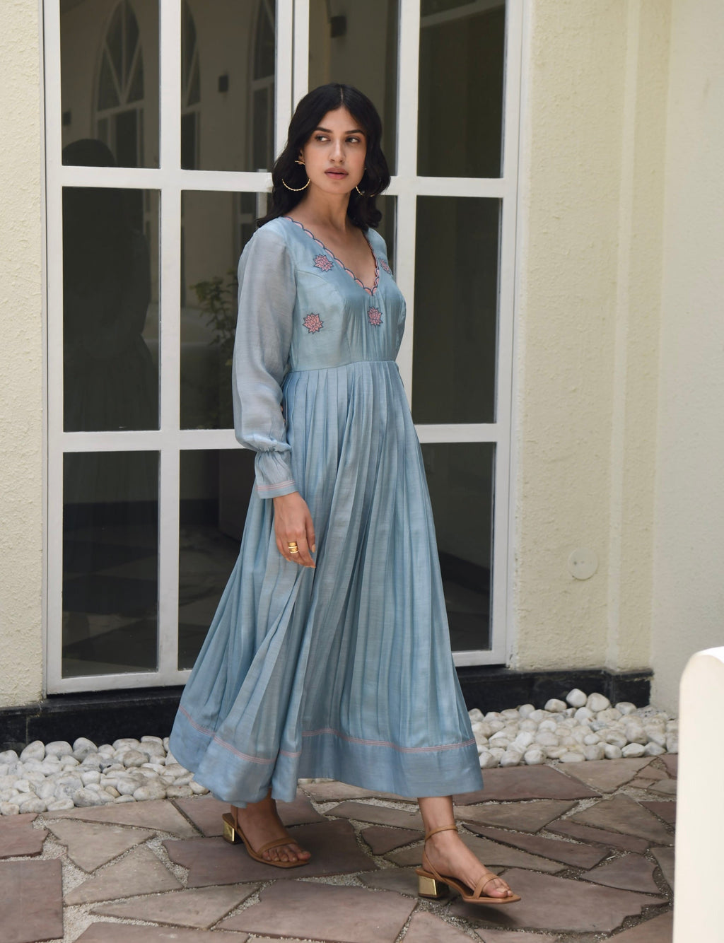 Blue Silk Maxi Dress by Taro with Blue, Dusk To Dawn by Taro, Embroidered, Evening Wear, July Sale, July Sale 2023, Maxi Dresses, Modal silk, Natural, Regular Fit, Silk, Womenswear at Kamakhyaa for sustainable fashion