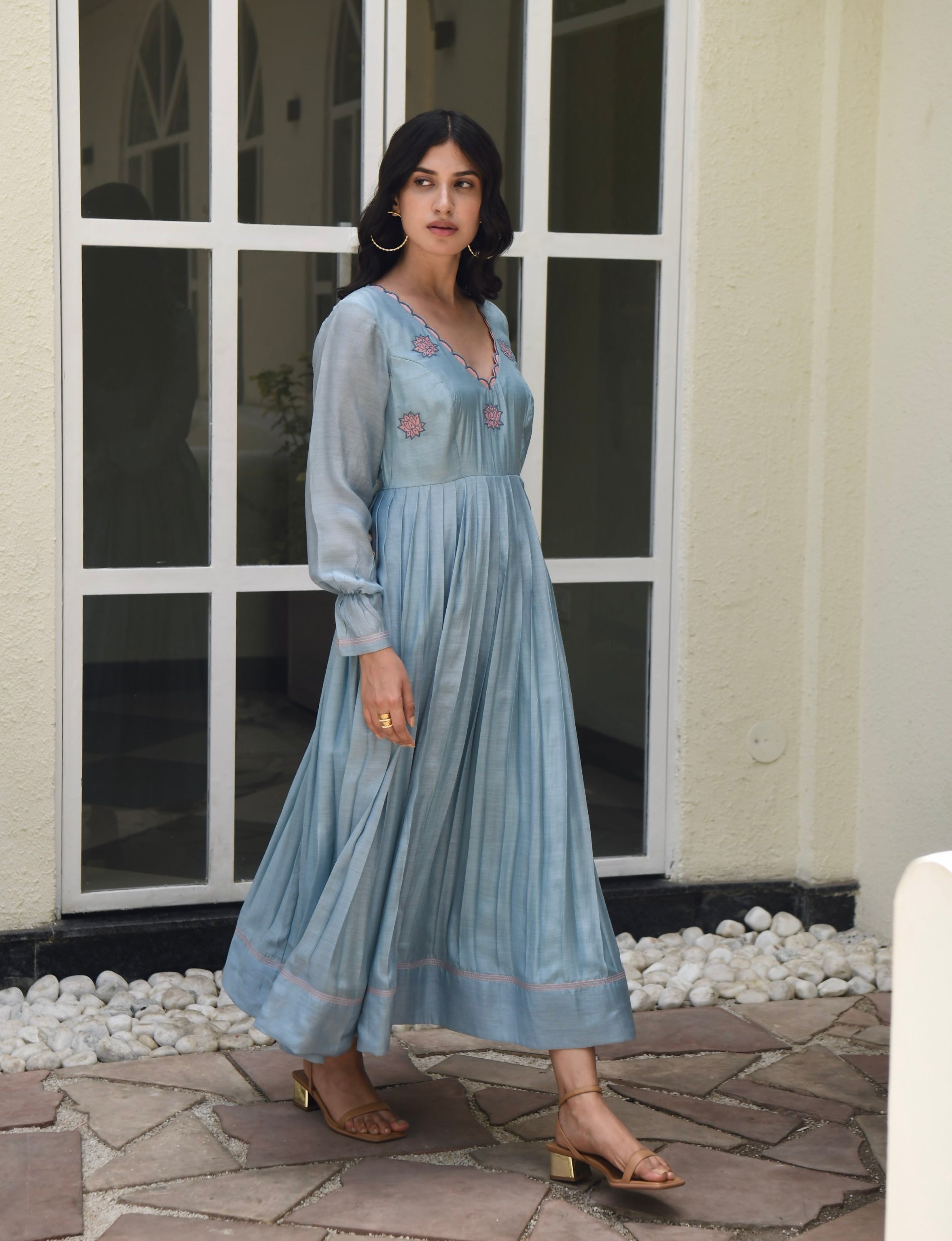 Blue Silk Maxi Dress by Taro with Blue, Dusk To Dawn by Taro, Embroidered, Evening Wear, July Sale, July Sale 2023, Maxi Dresses, Modal silk, Natural, Regular Fit, Silk, Womenswear at Kamakhyaa for sustainable fashion