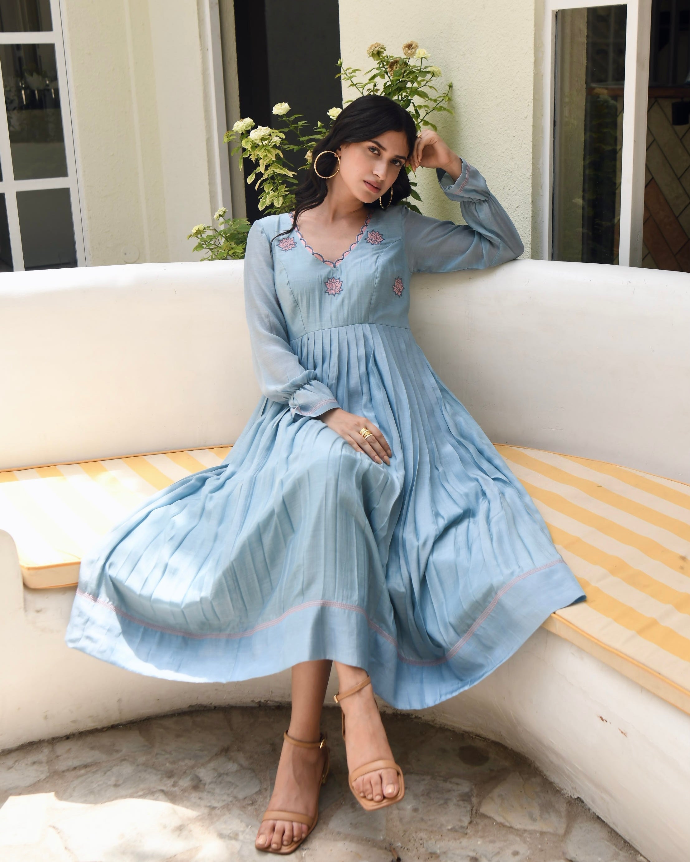 Blue Silk Maxi Dress by Taro with Blue, Dusk To Dawn by Taro, Embroidered, Evening Wear, July Sale, July Sale 2023, Maxi Dresses, Modal silk, Natural, Regular Fit, Silk, Womenswear at Kamakhyaa for sustainable fashion