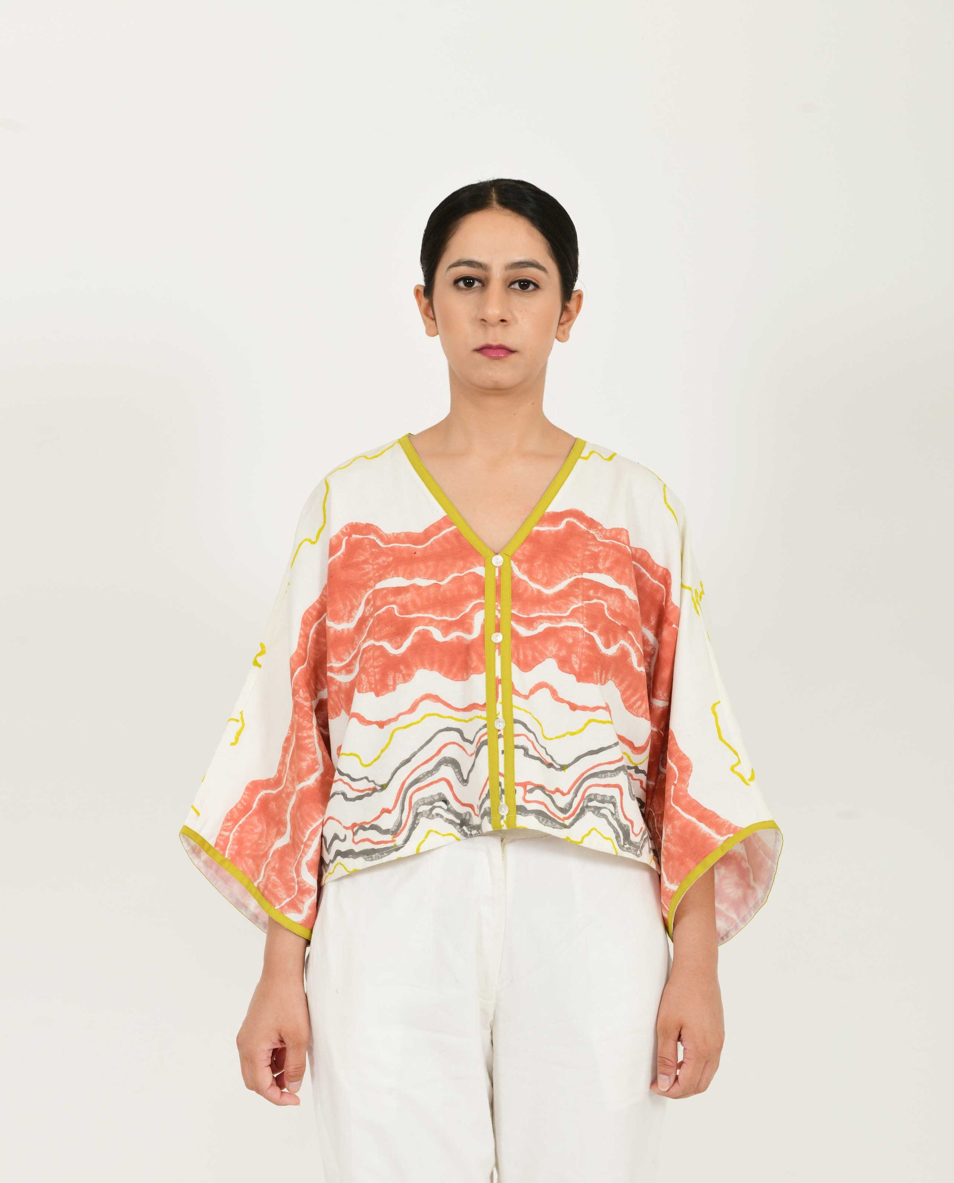 Multicolor Block Printed Oversized Top by Rias Jaipur with Azo Free Dye, Block Prints, Casual Wear, Cotton, Crop Tops, Multicolor, Organic Bamboo Fiber, Parat, Parat by Rias Jaipur, Relaxed Fit, Womenswear at Kamakhyaa for sustainable fashion