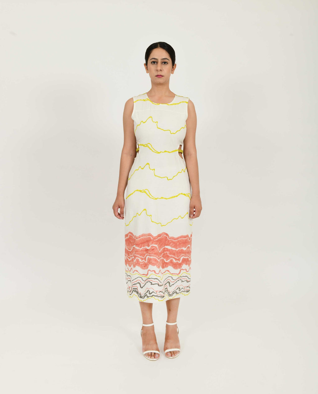 Side Cut Block Printed Dress by Rias Jaipur with Azo Free Dye, Bamboo, Block Prints, Casual Wear, Cotton, Midi Dresses, Parat, Parat by Rias Jaipur, Regular Fit, Sleeveless Dresses, White, Womenswear at Kamakhyaa for sustainable fashion