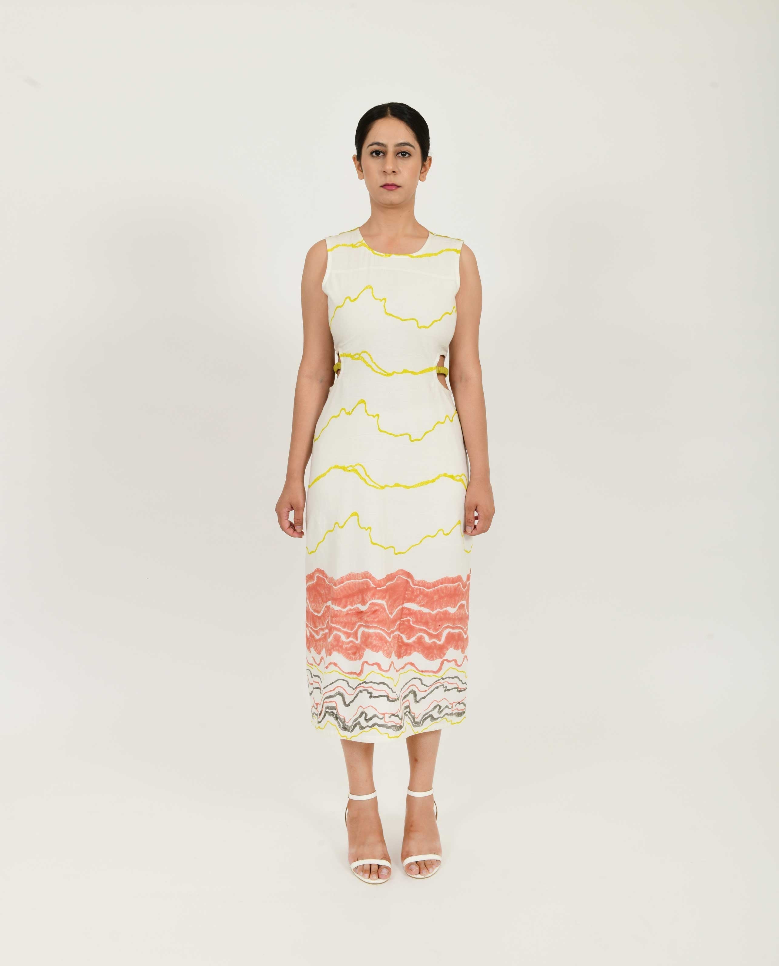 Side Cut Block Printed Dress by Rias Jaipur with Azo Free Dye, Bamboo, Block Prints, Casual Wear, Cotton, Midi Dresses, Parat, Parat by Rias Jaipur, Regular Fit, Sleeveless Dresses, White, Womenswear at Kamakhyaa for sustainable fashion