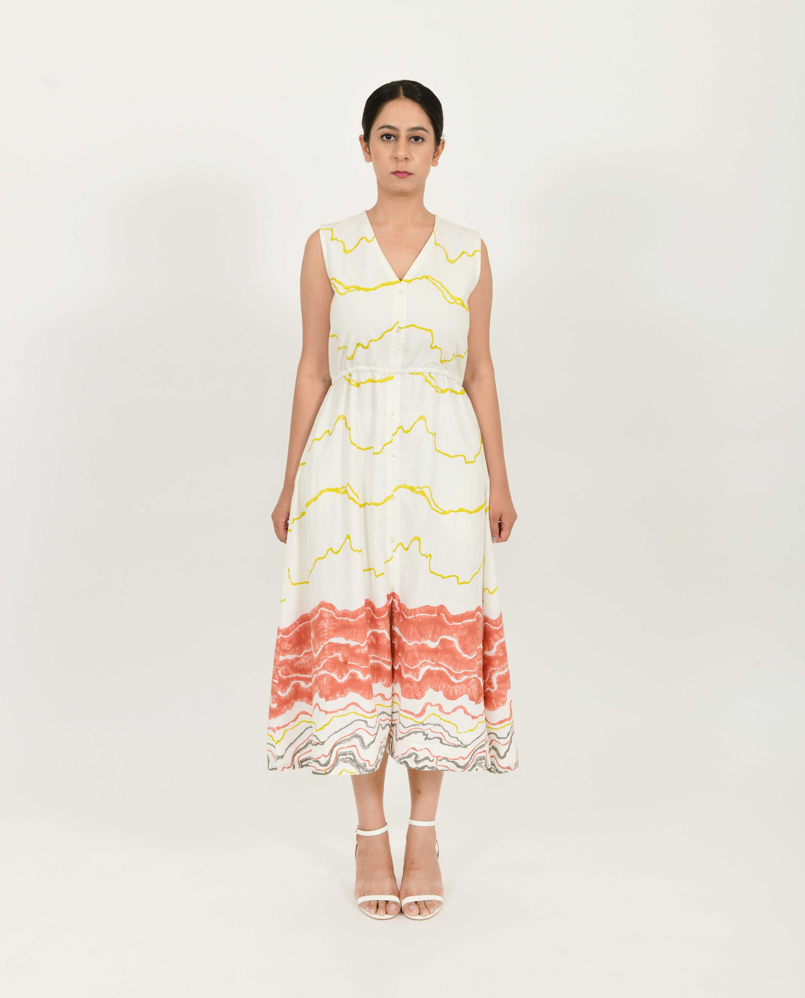 Buttoned Block Printed Dress by Rias Jaipur with Azo Free Dye, Bamboo, Block Prints, Casual Wear, Cotton, Midi Dresses, Parat, Parat by Rias Jaipur, Regular Fit, Shirt Dresses, Sleeveless Dresses, White, Womenswear at Kamakhyaa for sustainable fashion