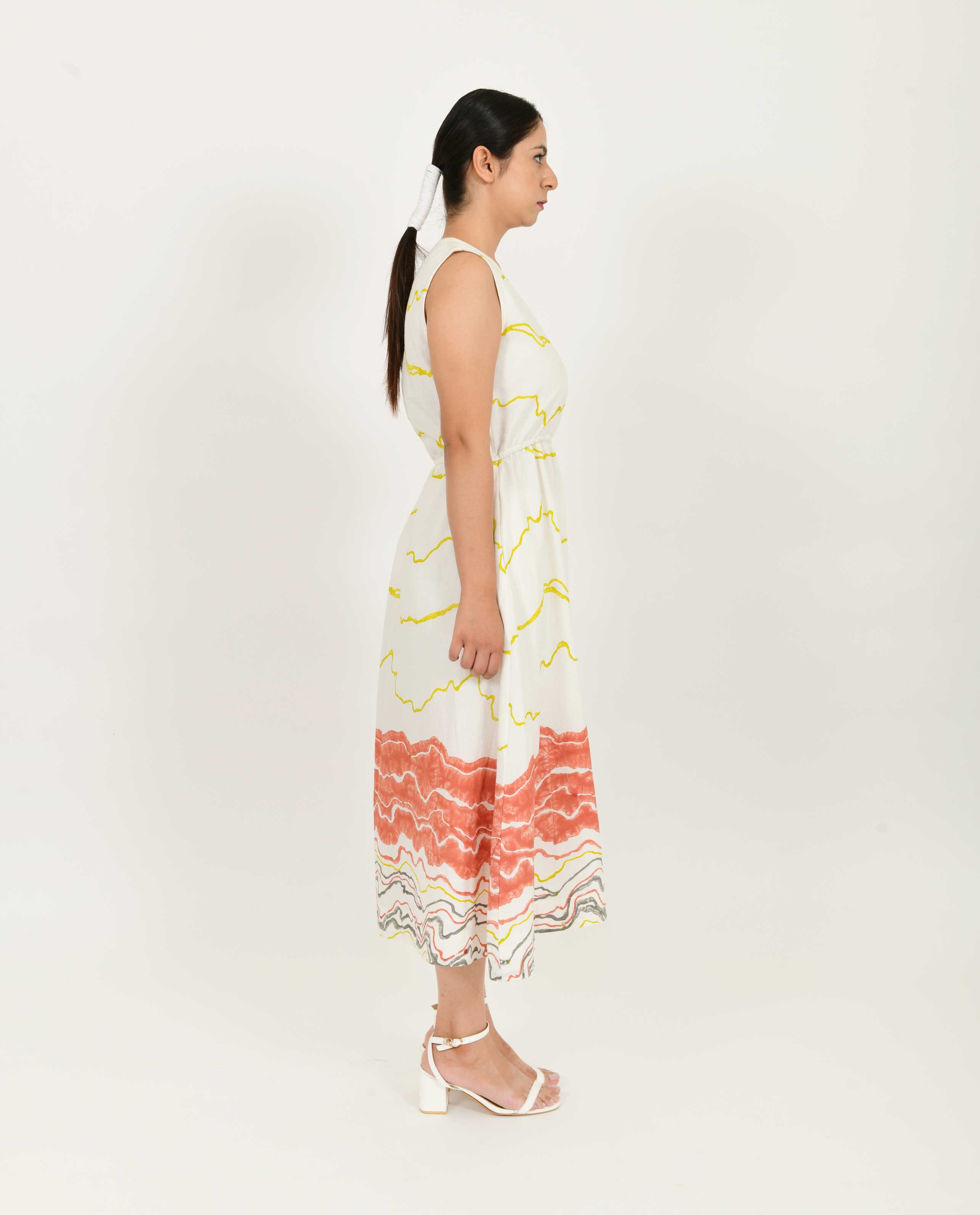 Buttoned Block Printed Dress by Rias Jaipur with Azo Free Dye, Bamboo, Block Prints, Casual Wear, Cotton, Midi Dresses, Parat, Parat by Rias Jaipur, Regular Fit, Shirt Dresses, Sleeveless Dresses, White, Womenswear at Kamakhyaa for sustainable fashion