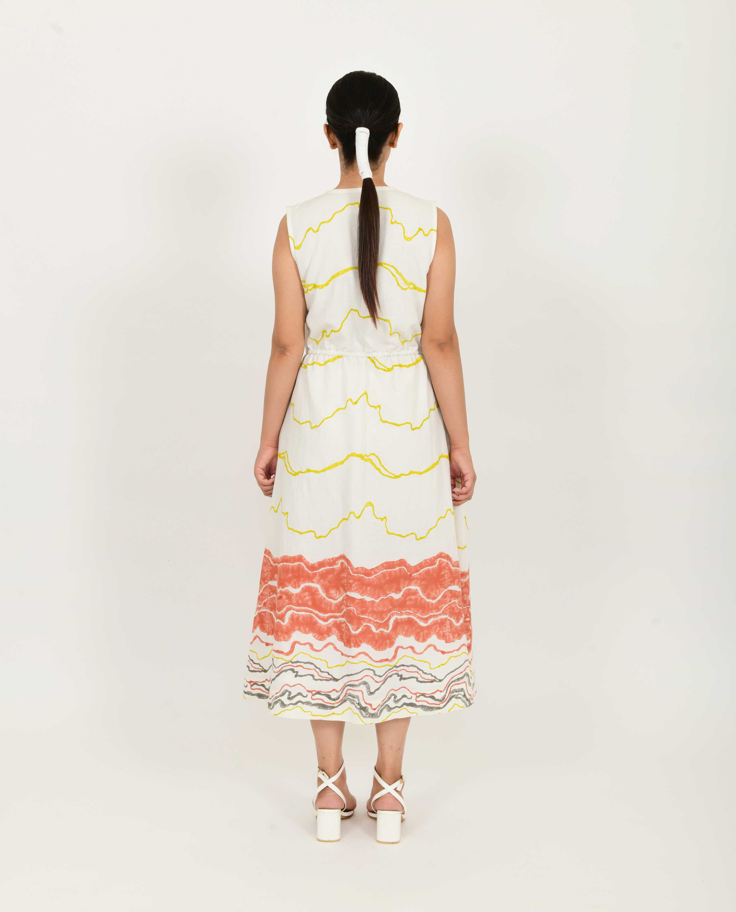 Buttoned Block Printed Dress by Rias Jaipur with Azo Free Dye, Bamboo, Block Prints, Casual Wear, Cotton, Midi Dresses, Parat, Parat by Rias Jaipur, Regular Fit, Shirt Dresses, Sleeveless Dresses, White, Womenswear at Kamakhyaa for sustainable fashion