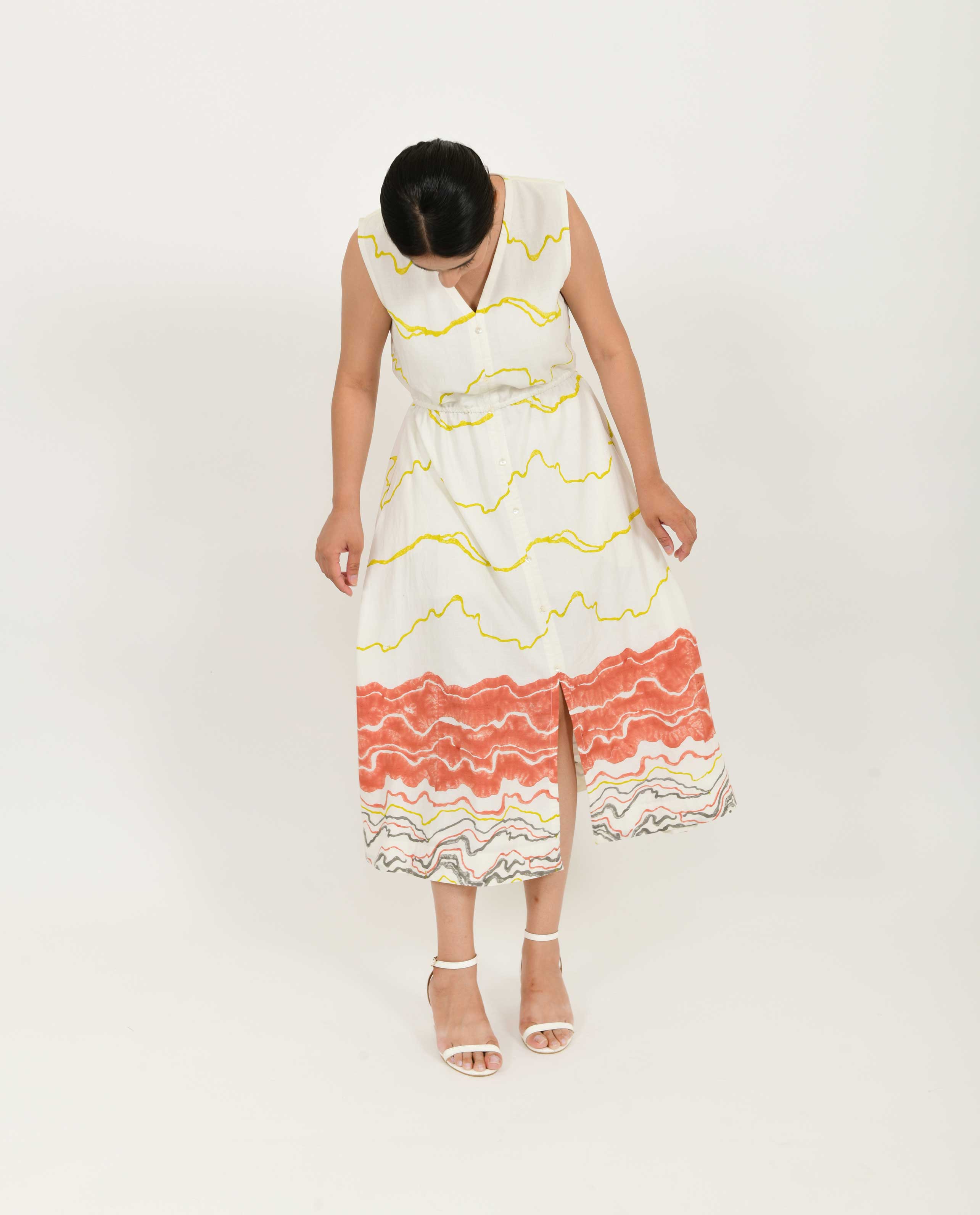 Buttoned Block Printed Dress by Rias Jaipur with Azo Free Dye, Bamboo, Block Prints, Casual Wear, Cotton, Midi Dresses, Parat, Parat by Rias Jaipur, Regular Fit, Shirt Dresses, Sleeveless Dresses, White, Womenswear at Kamakhyaa for sustainable fashion