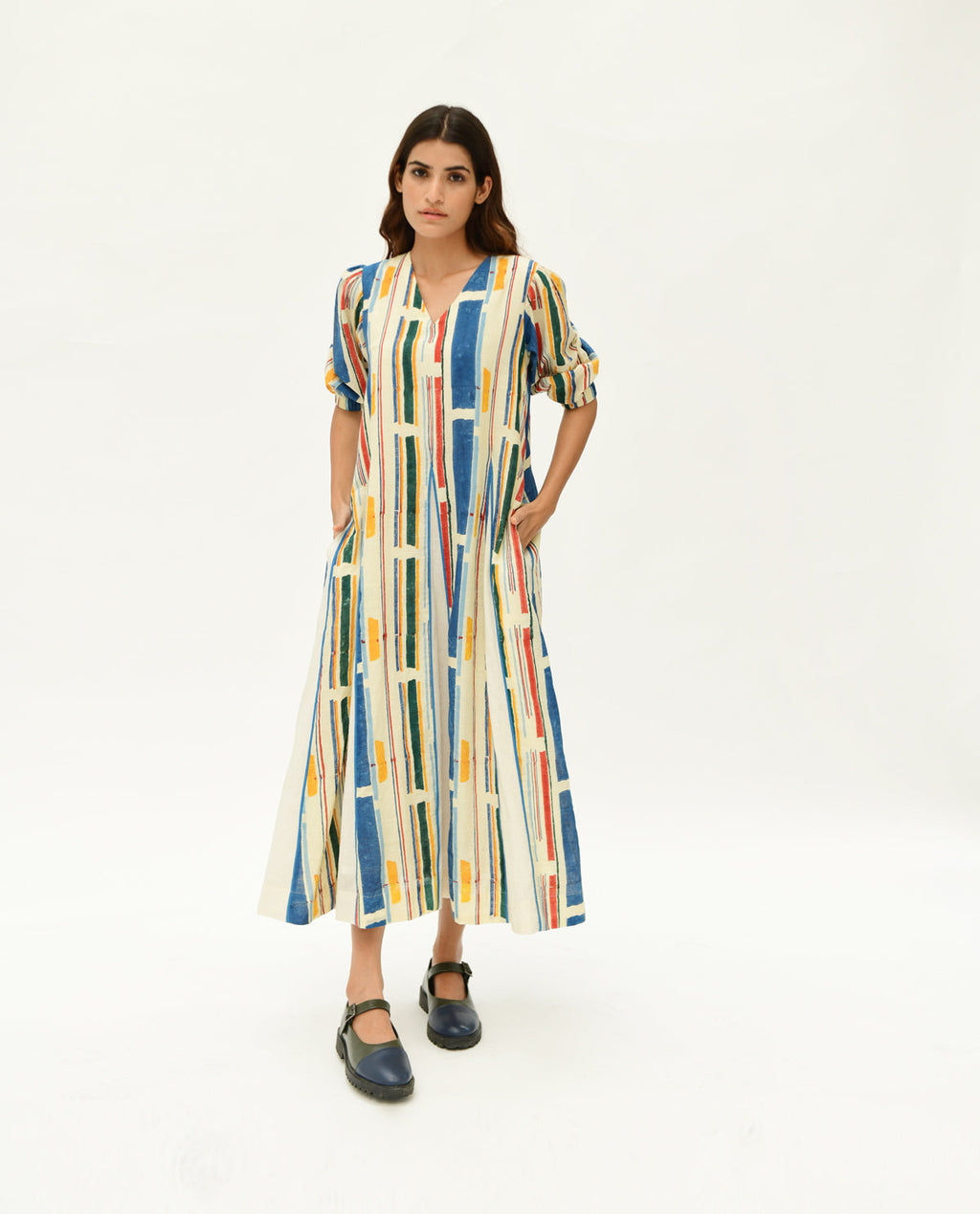 Multicolor Maxi Dress by Rias Jaipur with 100% Organic Cotton, Casual Wear, Handblock Printed, Handspun, Handwoven, Maxi Dresses, Midi Dresses, Off-White, Prints, Relaxed Fit, Stellar Print, Stripes, Void, Void by Rias Jaipur, Womenswear at Kamakhyaa for sustainable fashion