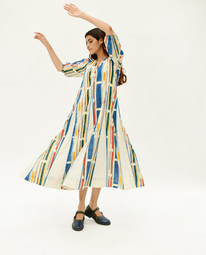 Multicolor Maxi Dress at Kamakhyaa by Rias Jaipur. This item is 100% Organic Cotton, Casual Wear, Handblock Printed, Handspun, Handwoven, Maxi Dresses, Midi Dresses, Off-White, Prints, Relaxed Fit, Stellar Print, Stripes, Void, Womenswear