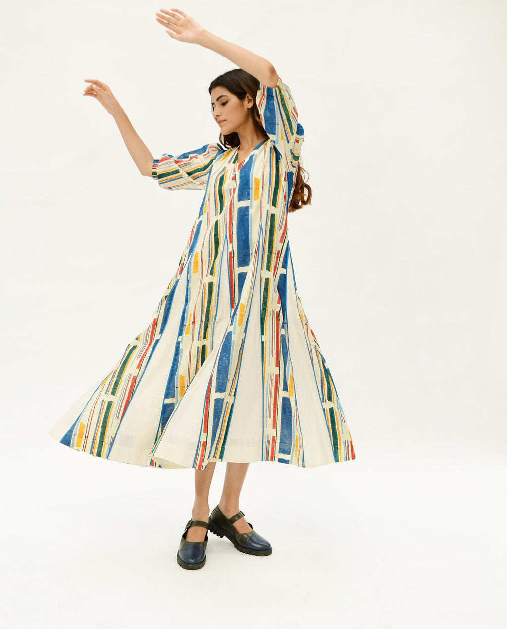 Multicolor Maxi Dress by Rias Jaipur with 100% Organic Cotton, Casual Wear, Handblock Printed, Handspun, Handwoven, Maxi Dresses, Midi Dresses, Off-White, Prints, Relaxed Fit, Stellar Print, Stripes, Void, Void by Rias Jaipur, Womenswear at Kamakhyaa for sustainable fashion