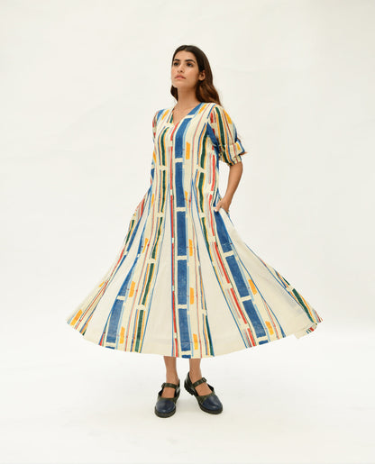 Multicolor Maxi Dress at Kamakhyaa by Rias Jaipur. This item is 100% Organic Cotton, Casual Wear, Handblock Printed, Handspun, Handwoven, Maxi Dresses, Midi Dresses, Off-White, Prints, Relaxed Fit, Stellar Print, Stripes, Void, Womenswear