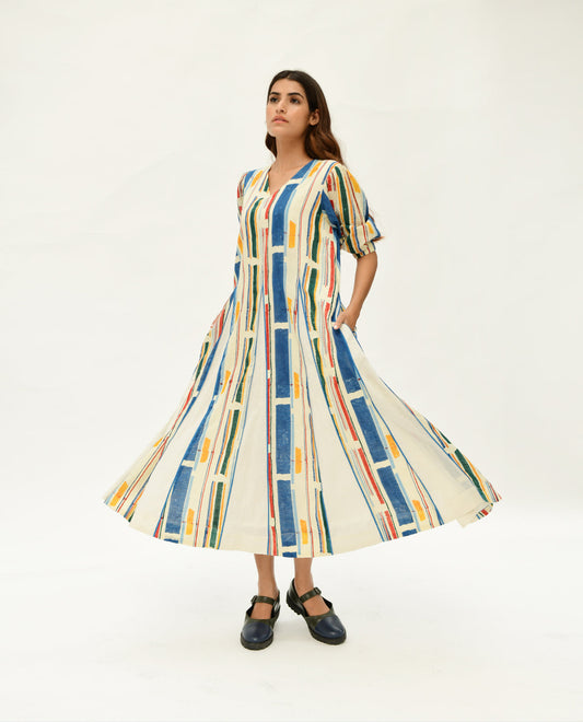 Multicolor Maxi Dress by Rias Jaipur with 100% Organic Cotton, Casual Wear, Handblock Printed, Handspun, Handwoven, Maxi Dresses, Midi Dresses, Off-White, Prints, Relaxed Fit, Stellar Print, Stripes, Void, Void by Rias Jaipur, Womenswear at Kamakhyaa for sustainable fashion