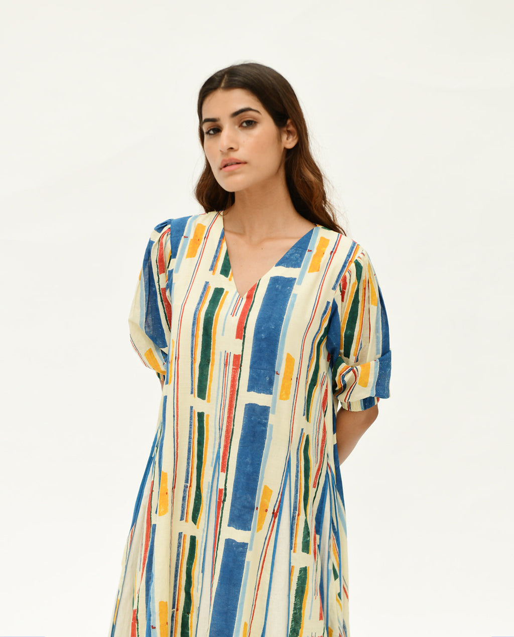 Multicolor Maxi Dress by Rias Jaipur with 100% Organic Cotton, Casual Wear, Handblock Printed, Handspun, Handwoven, Maxi Dresses, Midi Dresses, Off-White, Prints, Relaxed Fit, Stellar Print, Stripes, Void, Void by Rias Jaipur, Womenswear at Kamakhyaa for sustainable fashion