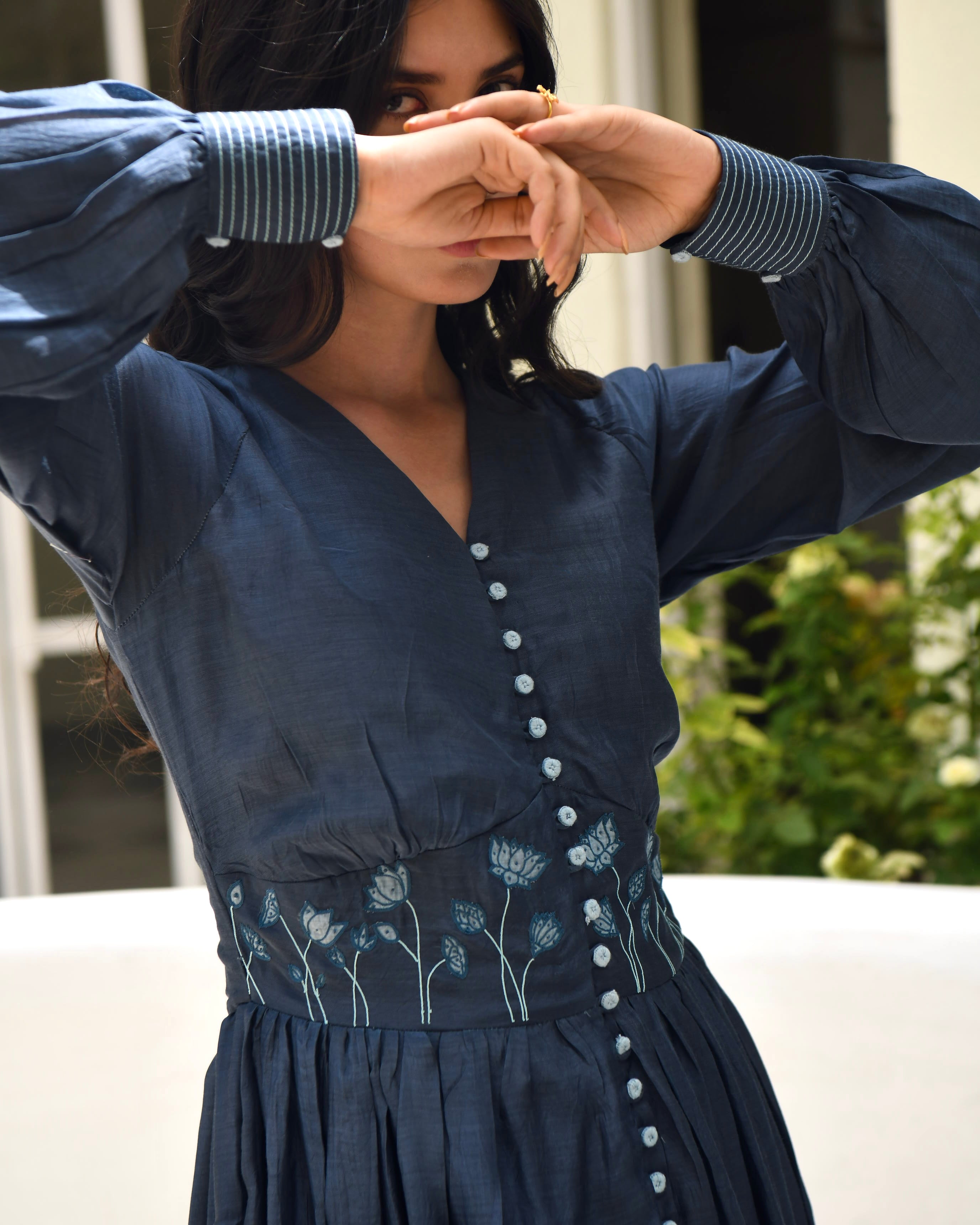 Blue Embroidered Silk Maxi Dress by Taro with Best Selling, Blue, Dusk To Dawn by Taro, Embroidered, Evening Wear, FB ADS JUNE, July Sale, July Sale 2023, Maxi Dresses, Modal silk, Natural, Regular Fit, Shirt Dresses, Silk, Womenswear at Kamakhyaa for sustainable fashion