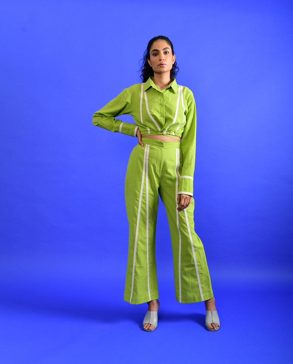 Green Cotton Co-ord Set by Rias Jaipur with Casual Wear, Co-ord Sets, Green, Handloom Cotton, Handspun, Handwoven, Hue, Regular Fit, Rias Hue by Rias Jaipur, Stripes, Travel, Travel Co-ords, Womenswear at Kamakhyaa for sustainable fashion