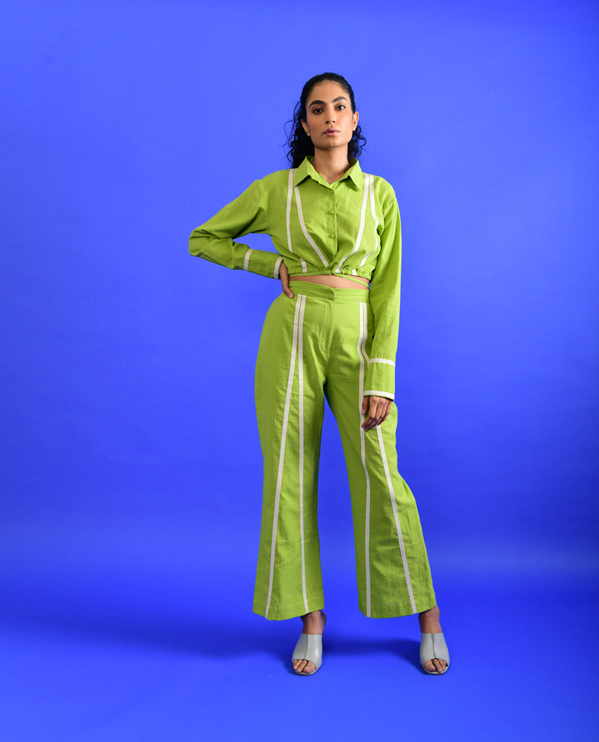 Green Cotton Co-ord Set by Rias Jaipur with Casual Wear, Co-ord Sets, Green, Handloom Cotton, Handspun, Handwoven, Hue, Regular Fit, Rias Hue by Rias Jaipur, Stripes, Travel, Travel Co-ords, Womenswear at Kamakhyaa for sustainable fashion