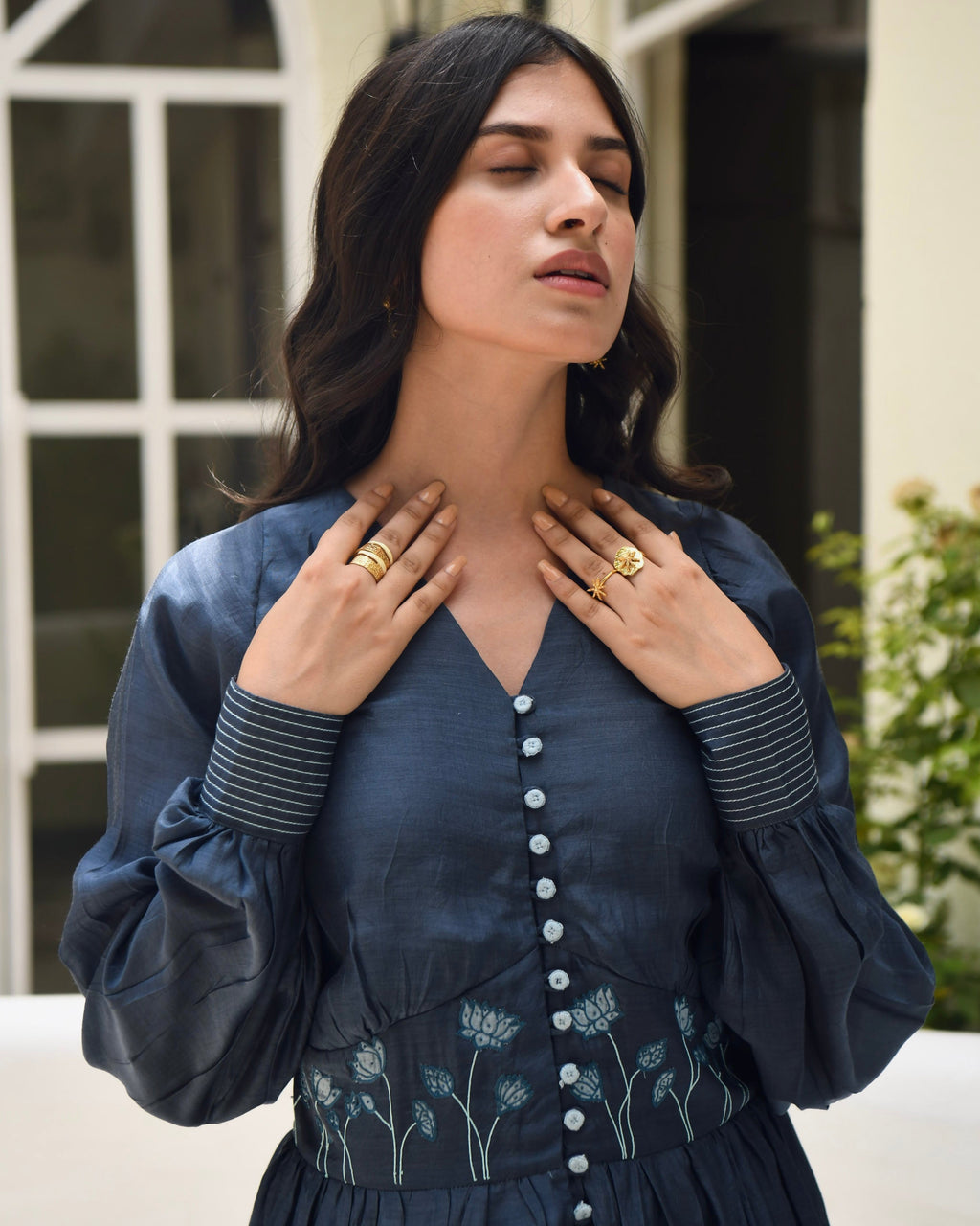 Blue Embroidered Silk Maxi Dress by Taro with Best Selling, Blue, Dusk To Dawn by Taro, Embroidered, Evening Wear, FB ADS JUNE, July Sale, July Sale 2023, Maxi Dresses, Modal silk, Natural, Regular Fit, Shirt Dresses, Silk, Womenswear at Kamakhyaa for sustainable fashion