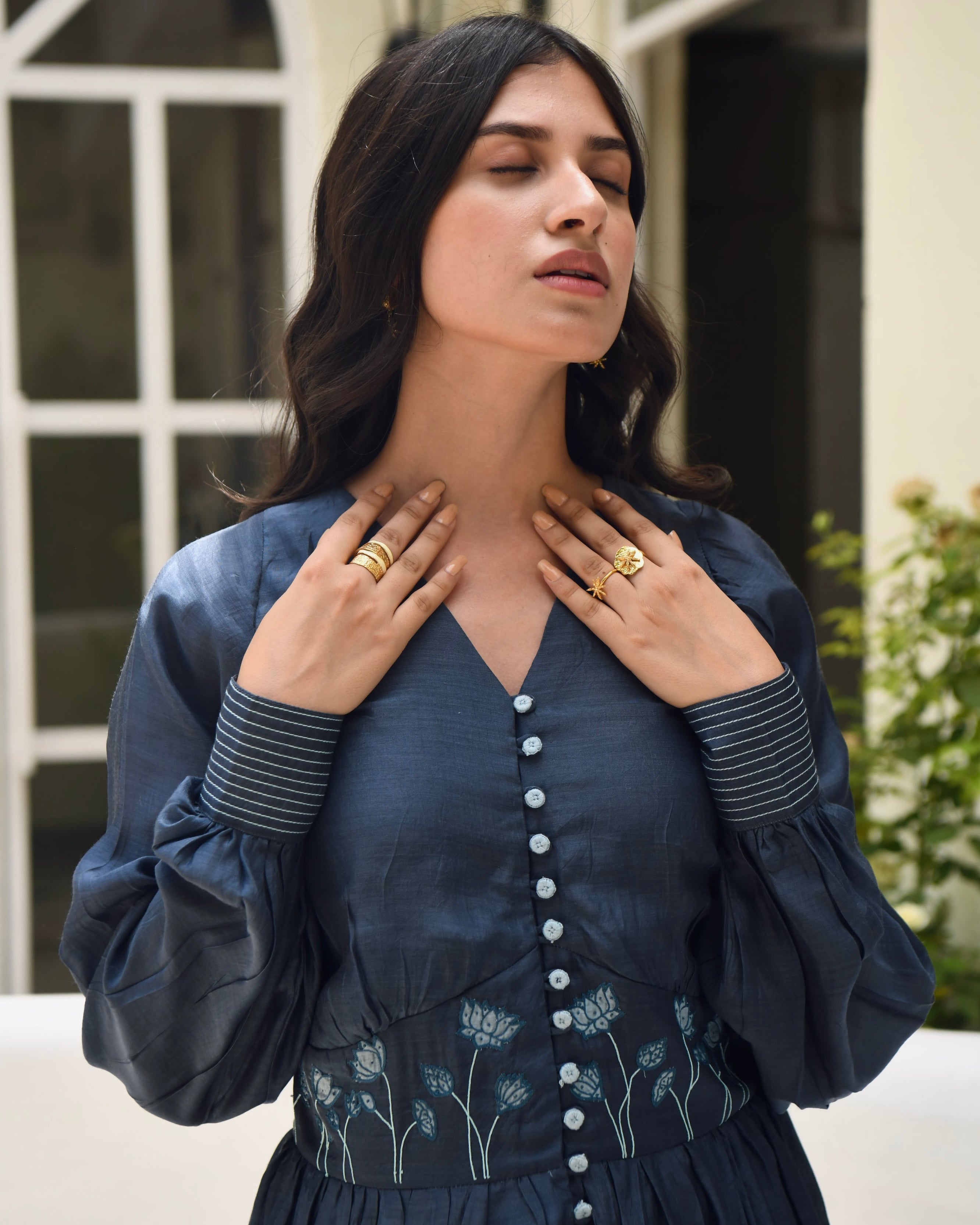 Blue Embroidered Silk Maxi Dress by Taro with Best Selling, Blue, Dusk To Dawn by Taro, Embroidered, Evening Wear, FB ADS JUNE, July Sale, July Sale 2023, Maxi Dresses, Modal silk, Natural, Regular Fit, Shirt Dresses, Silk, Womenswear at Kamakhyaa for sustainable fashion